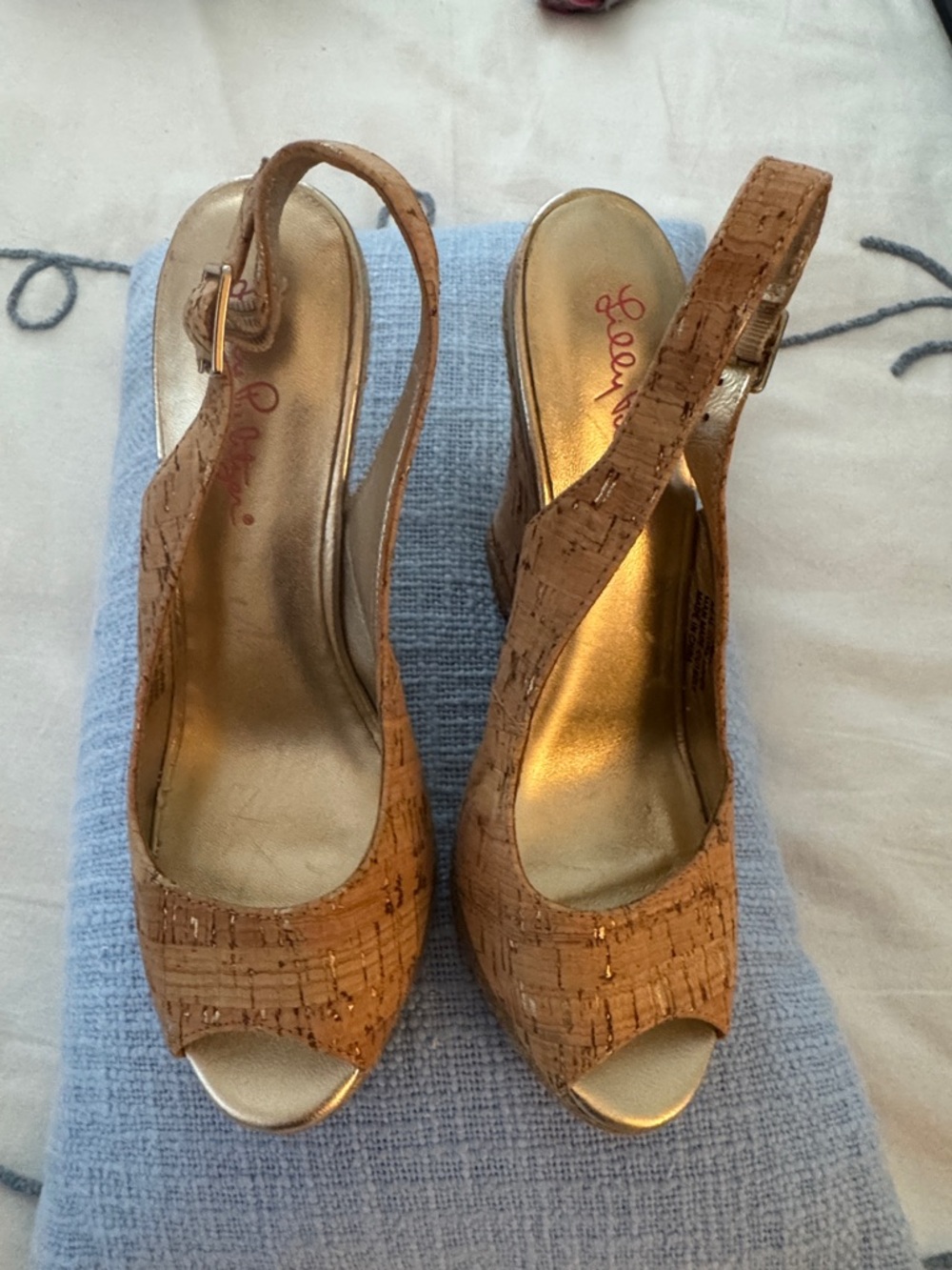 Gold Cork Peep-Toe Slingback Wedges by